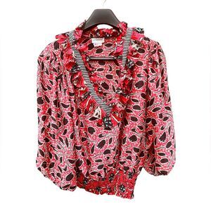 Vintage 80’s Ruffle V-neck Elastic gathered waist Red White Black Blouse Size XL